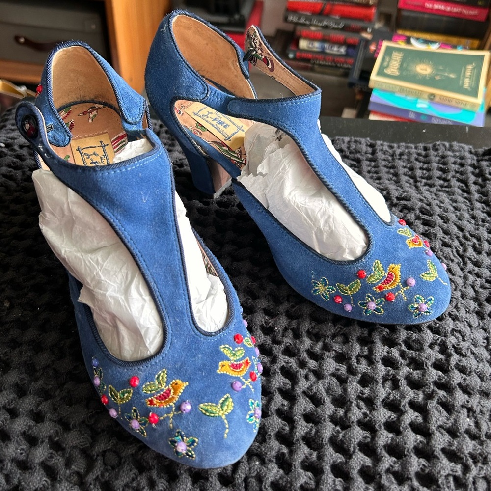 Miss L Fire t-strap suede heels. W8